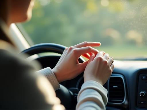 Person looking closely at the inside of a car windshield, checking for a sticker